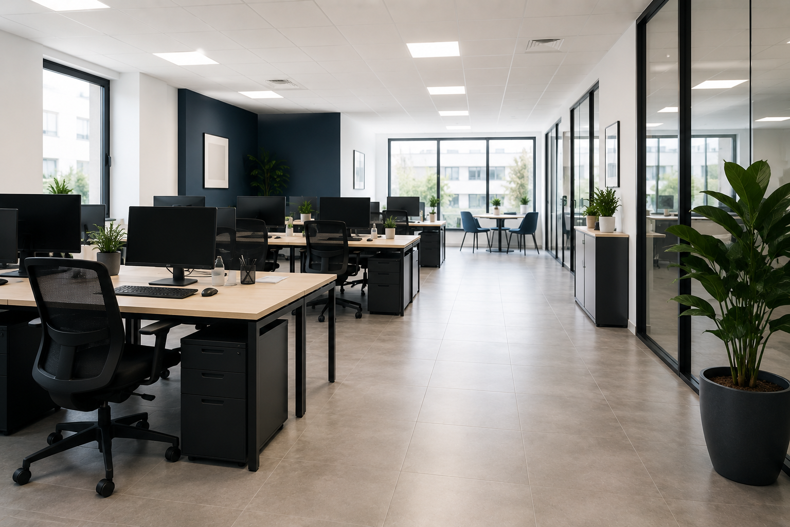 Open space d’entreprise propre après entretien des bureaux dans le Var