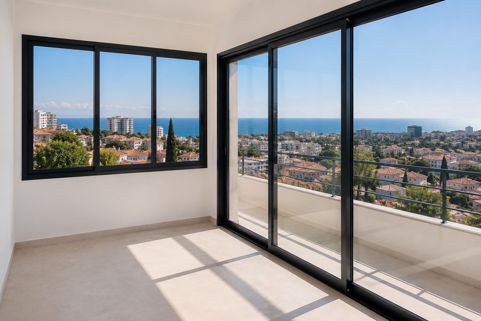 Baie vitrée et balcon avec vue mer et ville après nettoyage de vitres dans le Var