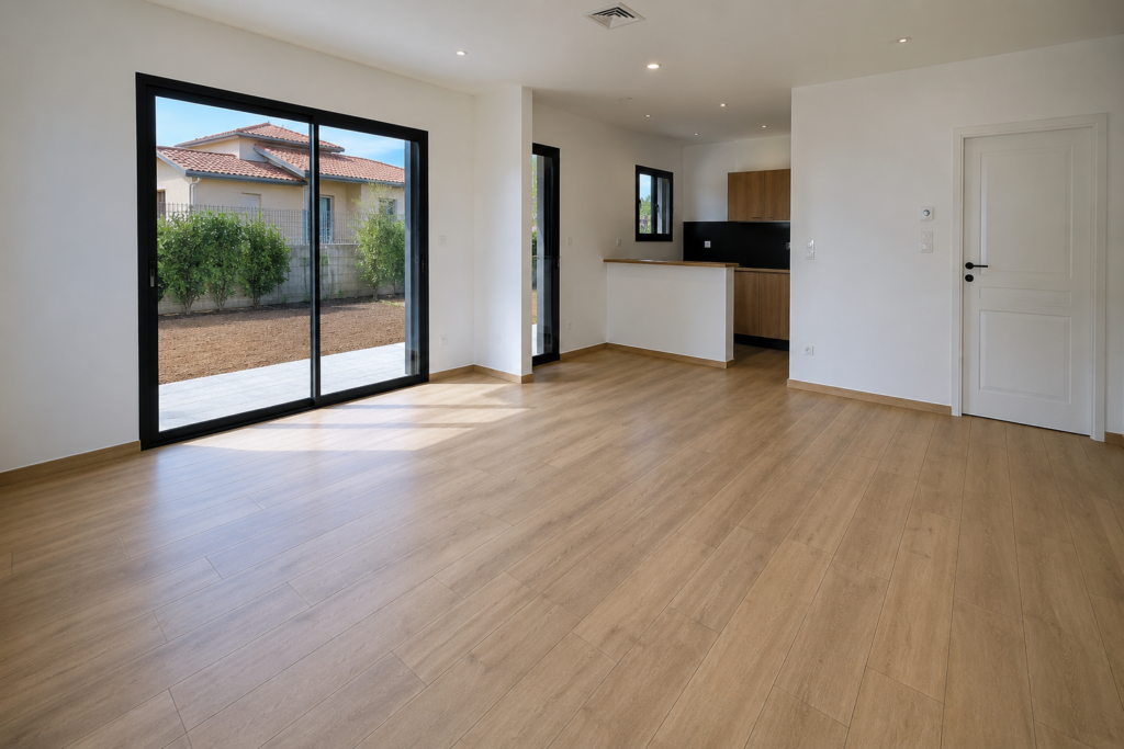 Pièce vide au parquet propre après nettoyage de fin de chantier dans le Var